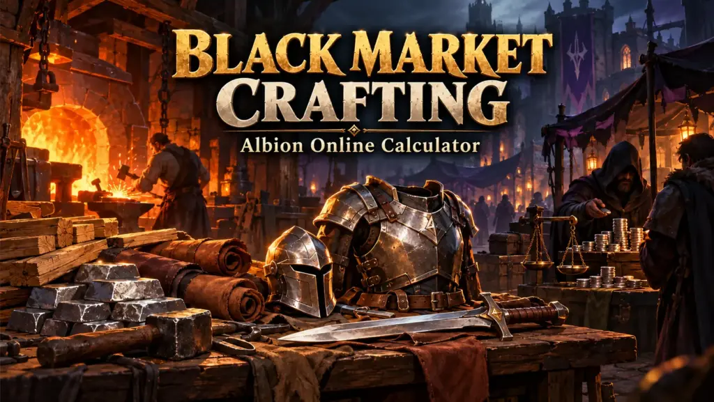 Forge, crafting materials and finished equipment beside a Black Market trader — illustration for the Albion Online crafting calculator.