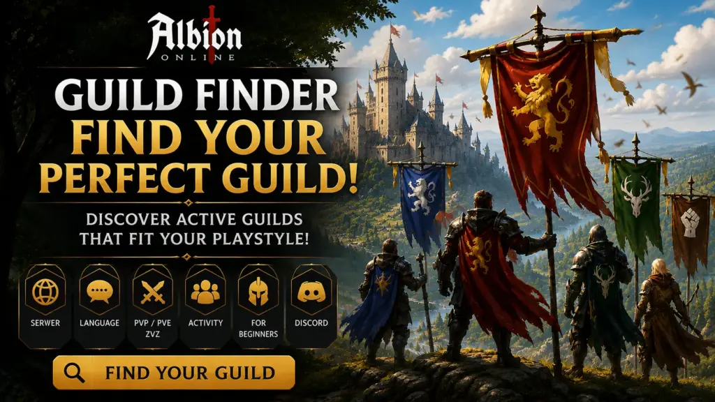 Albion Online Guild Finder – Find an Active Guild with filters for server, language, PvP, PvE, ZvZ, activity and Discord
