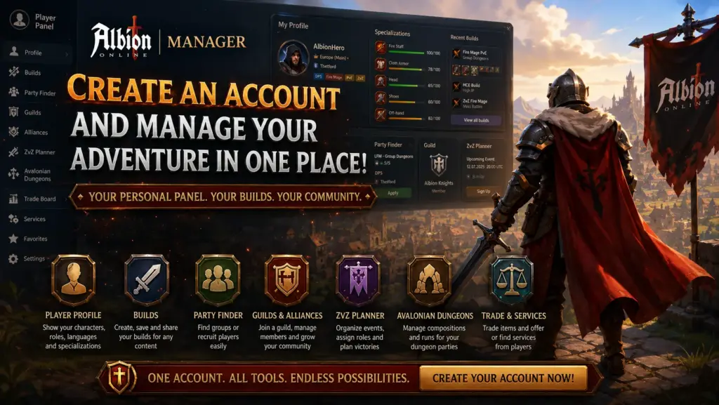 Albion Online Manager Player Panel with builds, Party Finder, guilds, ZvZ Planner, Avalonian Dungeons, trade and player services