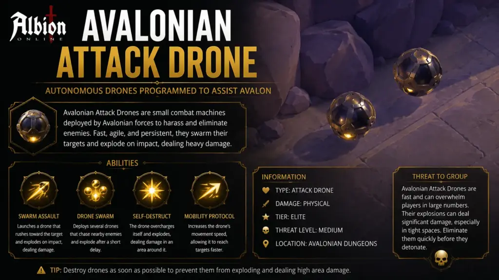 Avalonian Attack Drone Albion Online – Avalonian Dungeon drone enemy with empowered line attacks and knockdown threat