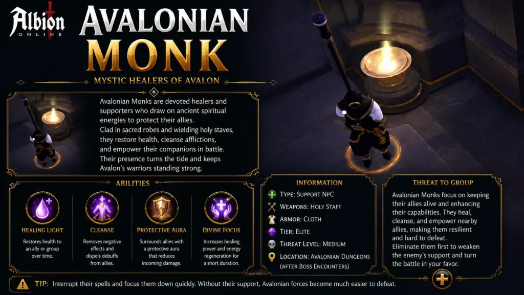 Avalonian Monk Albion Online – elite Avalonian Dungeon mob with disruptive movement, rolls, knockbacks and pull-breaking mechanics