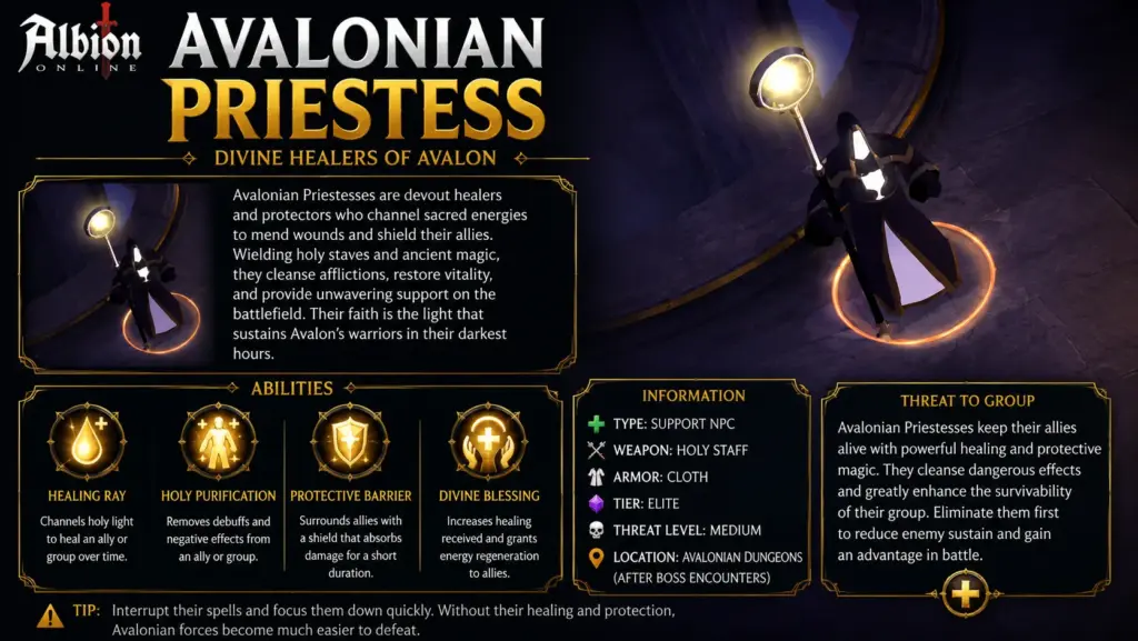 Avalonian Priestess Albion Online – elite Avalonian Dungeon support mob with healing, sacred light and group pressure mechanics