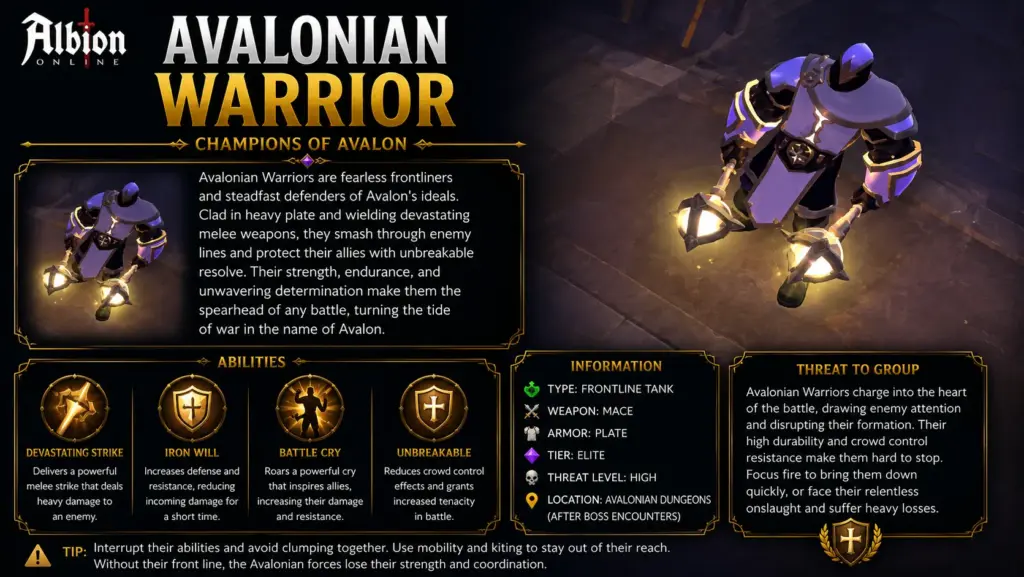 Avalonian Warrior Albion Online – elite Avalonian Dungeon melee mob with heavy attacks, frontline pressure and high durability