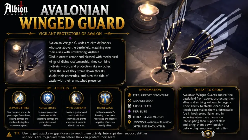 Avalonian Winged Guard Albion Online – elite Avalonian Dungeon flying guard with support pressure, mobility and group protection mechanics