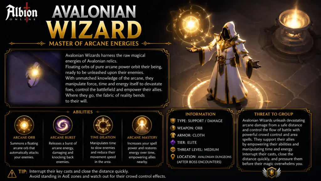 Avalonian Wizard Albion Online – elite Avalonian Dungeon spellcaster with a levitating arcane orb