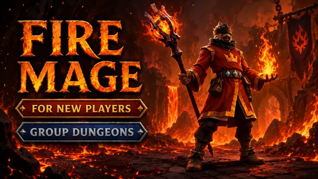 Fire Mage wearing a royal robe and holding a Great Fire Staff – PvE build for group dungeons in Albion Online
