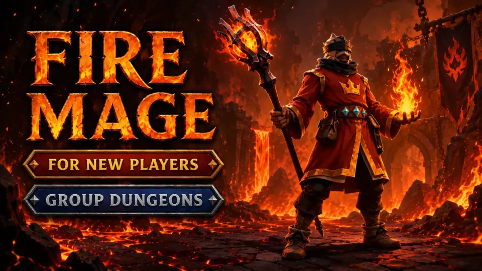 Fire Mage wearing a royal robe and holding a Great Fire Staff – PvE build for group dungeons in Albion Online