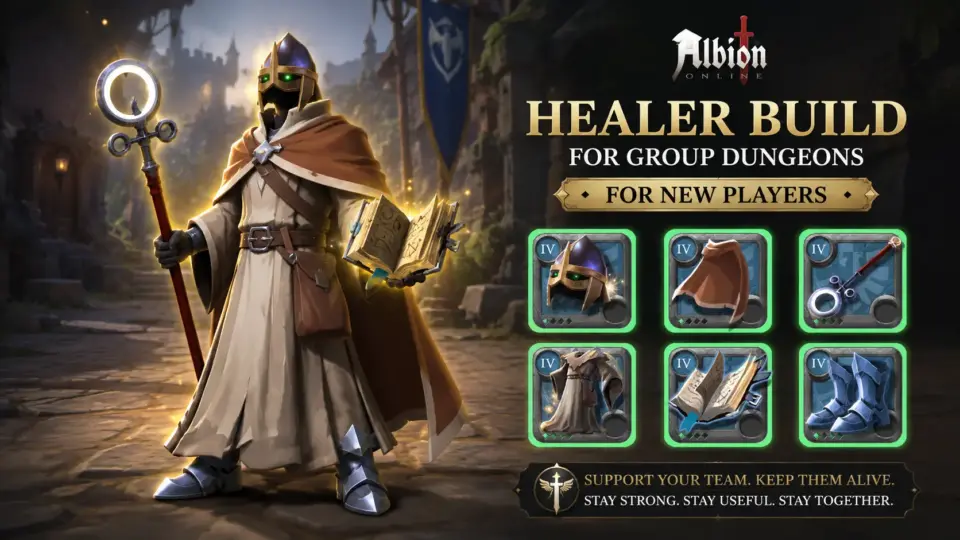 Healer Build for Group Dungeons in Albion Online for new players, featuring a healer with a holy staff, spell tome, robe, cape, helmet, and PvE support gear.