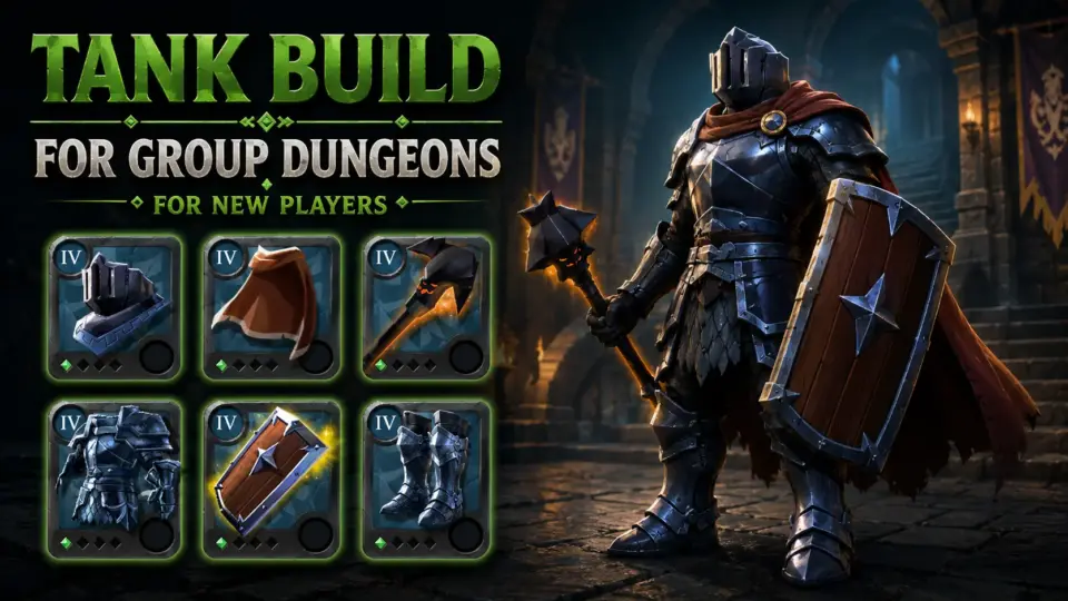 Tank Build for Group Dungeons in Albion Online for new players, featuring heavy armor, shield, mace, and a beginner-friendly PvE equipment setup.